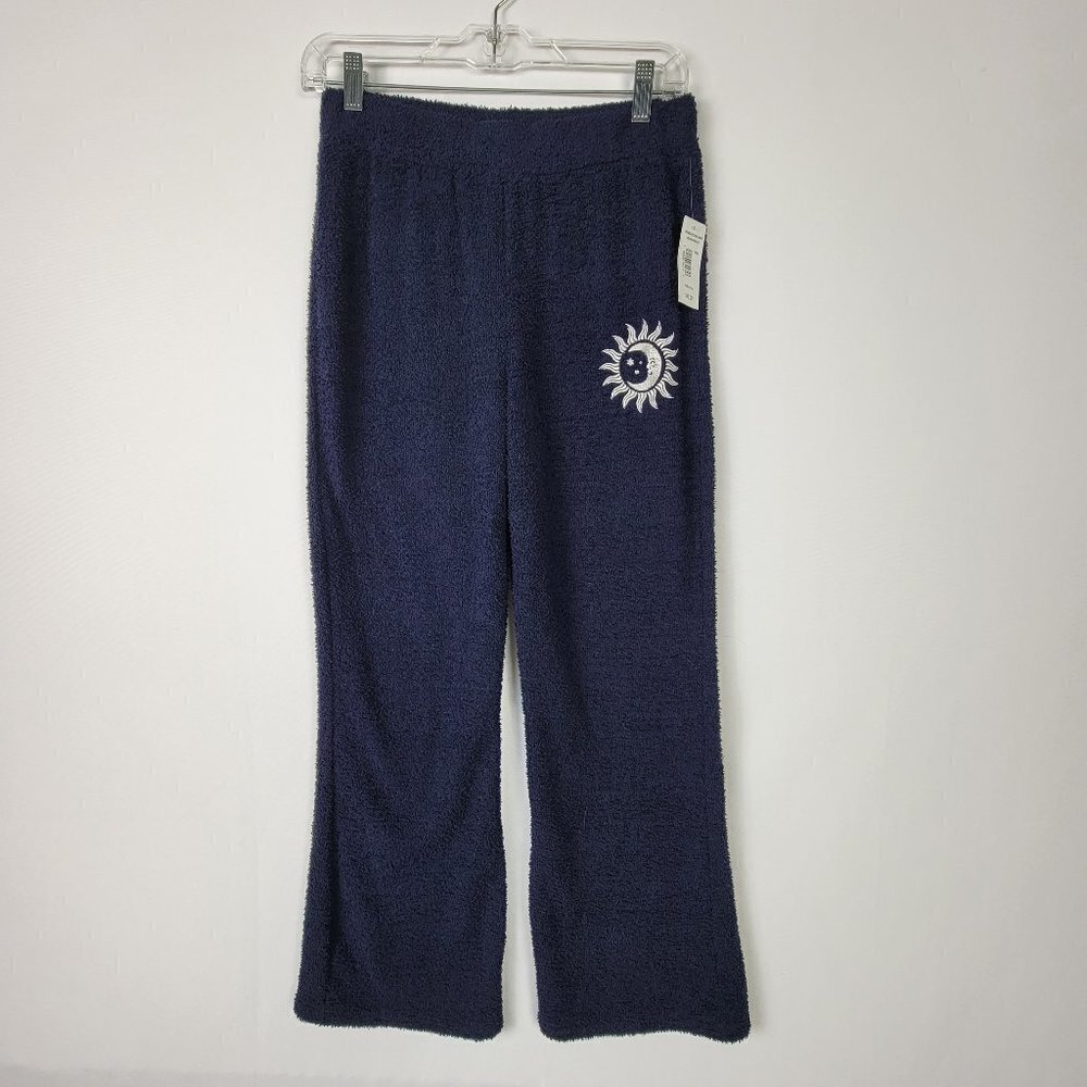 Mighty Fine Lounge Pants Women's S Blue High Rise Capris Terry Cloth Embroidered